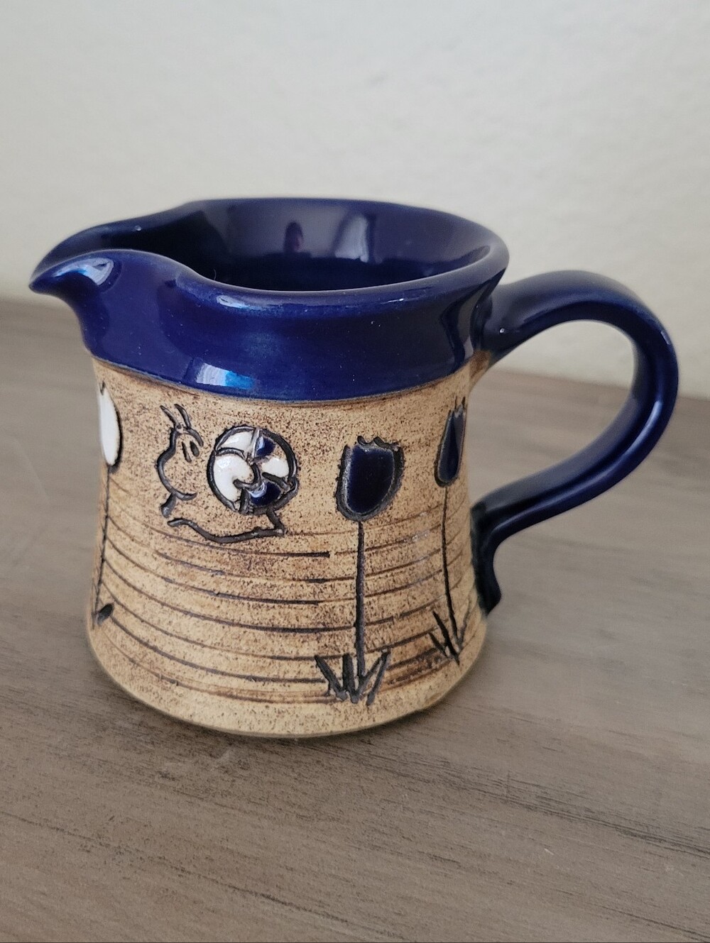 Handmade Blue and Tan Ceramic Creamer Pitcher - Artisanal Home Art